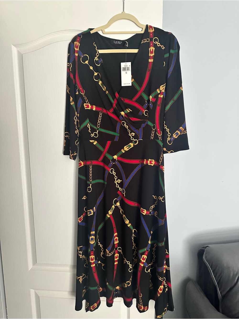Ralph Lauren Black Faux-Wrap Dress with Belt & Chain Print